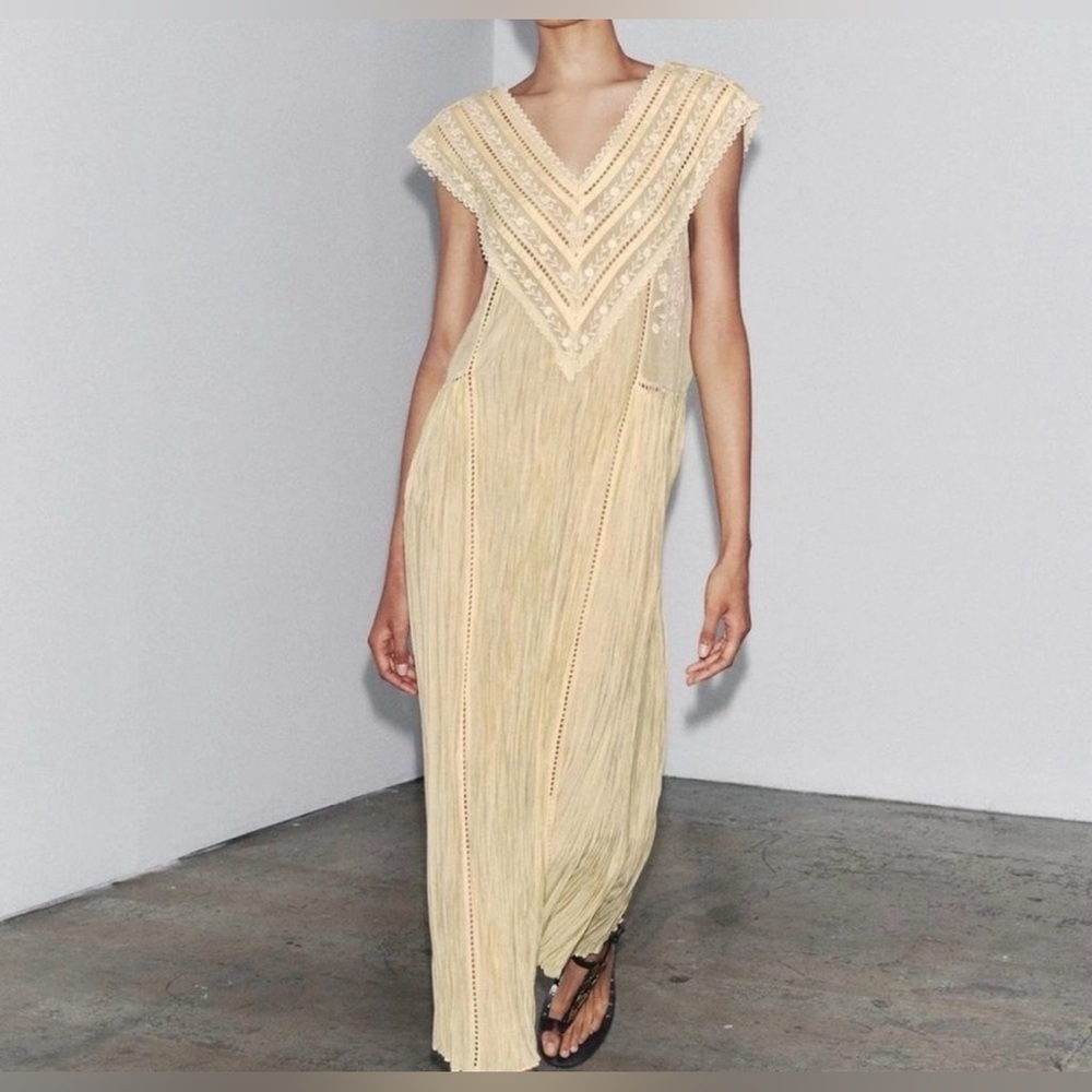 Zara Cream Fringe Embellished V-Neck Maxi Dress - Picture 5 of 12